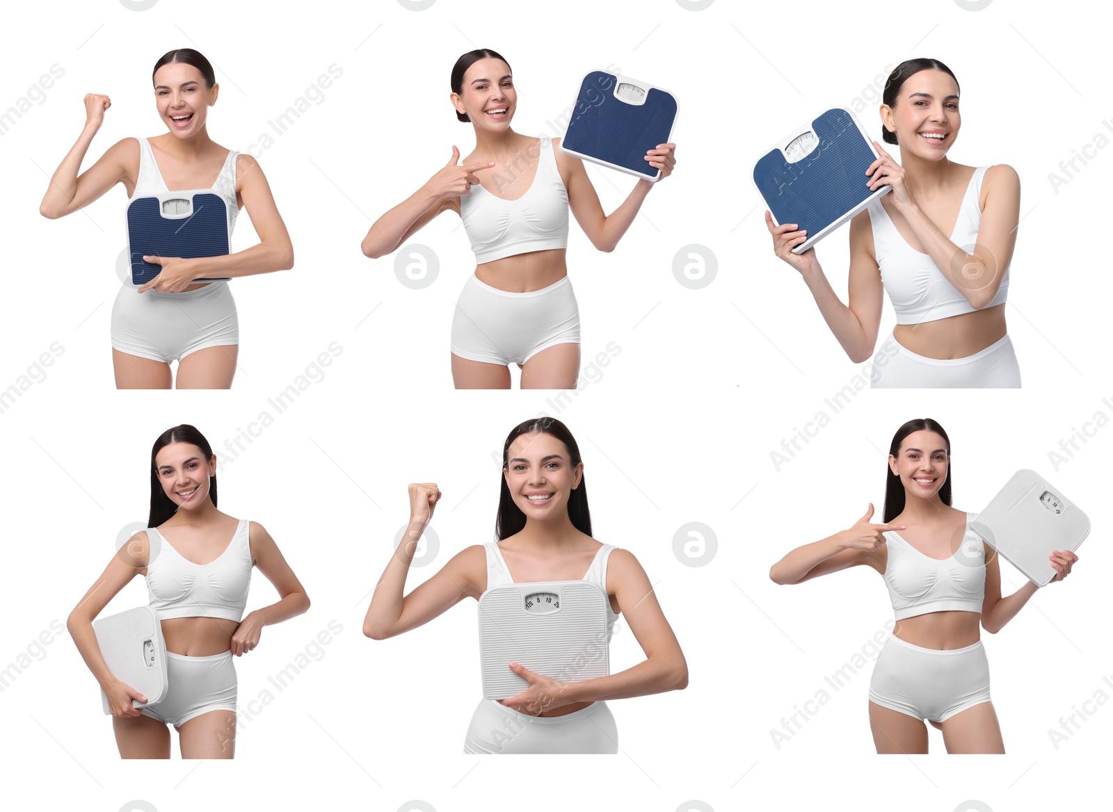 Image of Diet and weight control. Happy woman with slim body holding scales on white background, collage