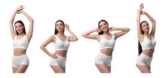 Diet and weight loss. Young woman showing her slim body on white background, collage