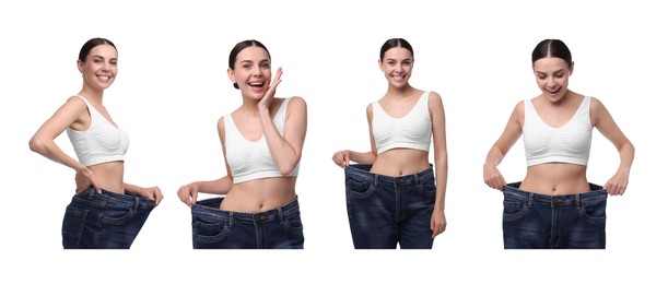 Image of Diet and weight loss. Happy woman in big jeans showing her slim body on white background, collage