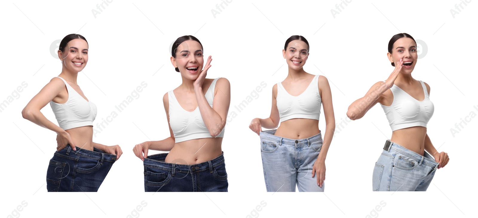 Image of Diet and weight loss. Happy woman in big jeans showing her slim body on white background, collage