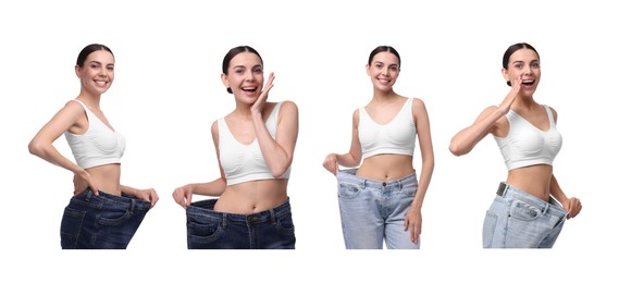 Image of Diet and weight loss. Happy woman in big jeans showing her slim body on white background, collage