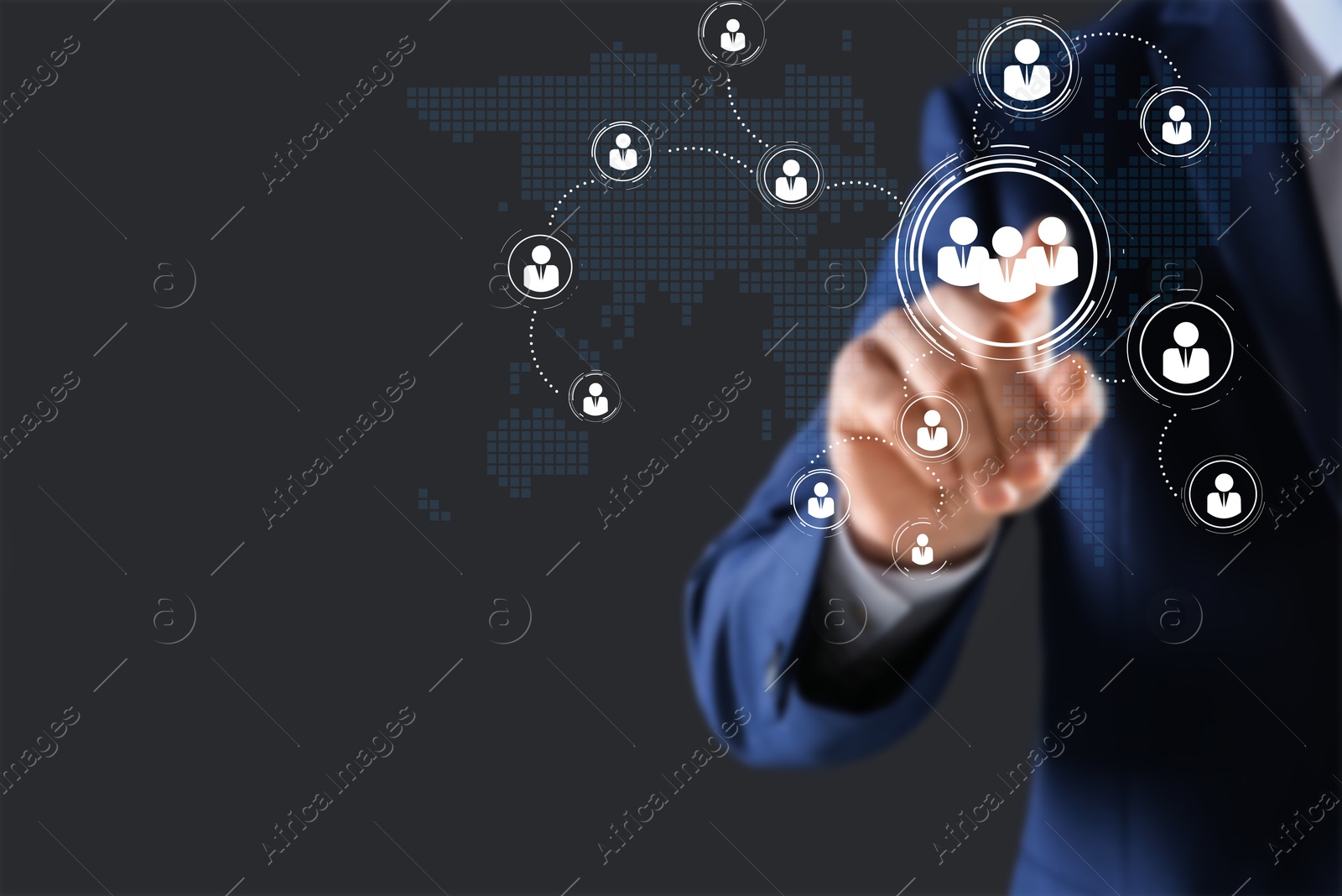 Image of Targeting, recruitment, customer acquisition. Businessman touching virtual screen with scheme of human icons and world map against dark grey background, closeup