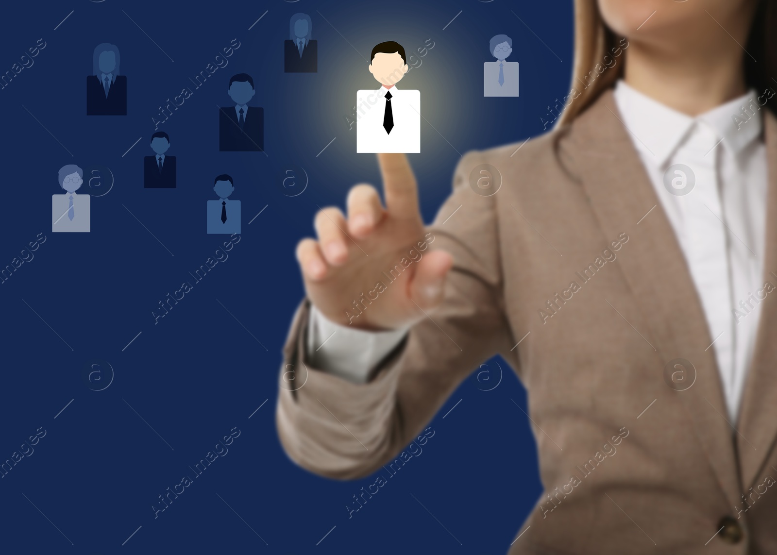 Image of Targeting, recruitment, customer acquisition. Business woman touching virtual screen with human icons against dark blue background, closeup