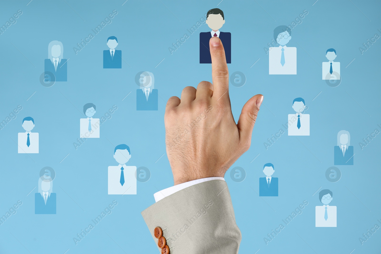 Image of Targeting, recruitment, customer acquisition. Businessman touching virtual screen with human icons against light blue background, closeup