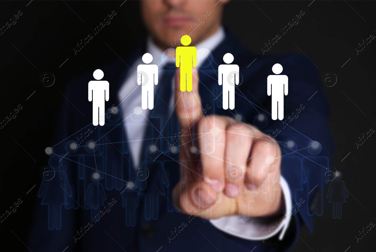 Image of Targeting, recruitment, human resources management. Businessman touching virtual screen with scheme of human icons against black background, closeup