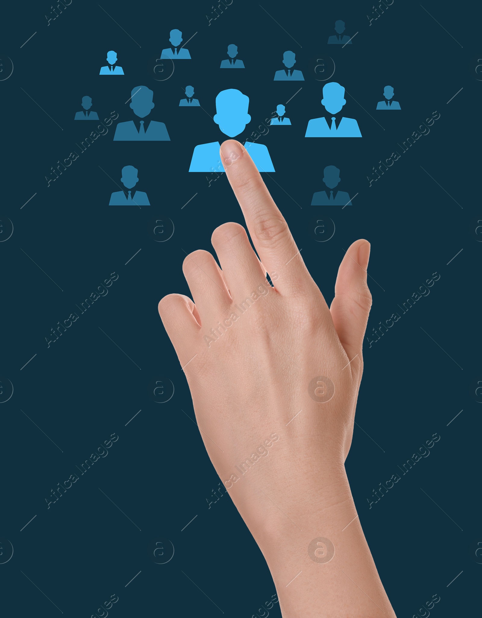 Image of Targeting, recruitment, customer acquisition. Woman touching virtual screen with human icons against dark teal background, closeup