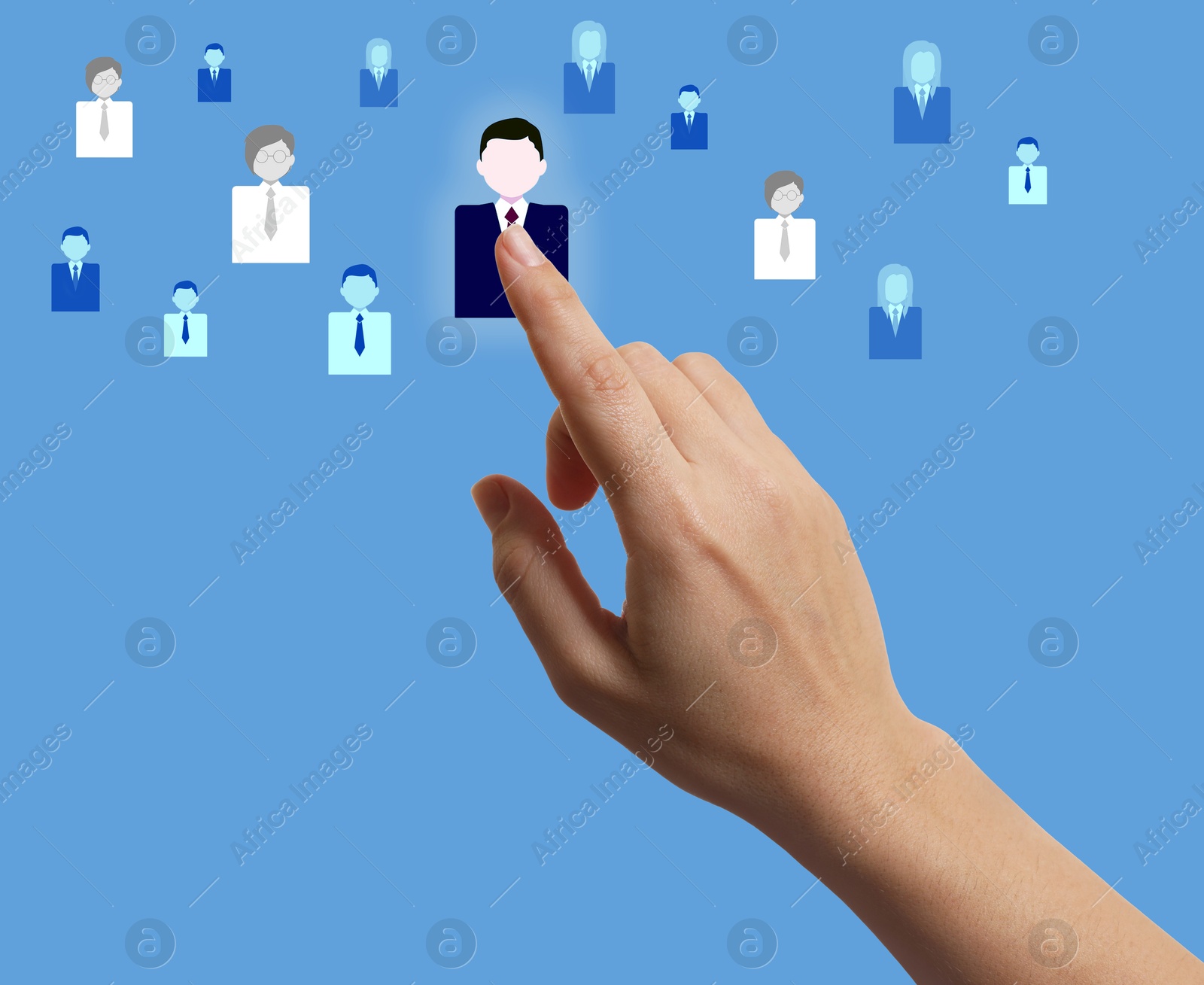 Image of Targeting, recruitment, customer acquisition. Woman touching virtual screen with human icons against light blue background, closeup