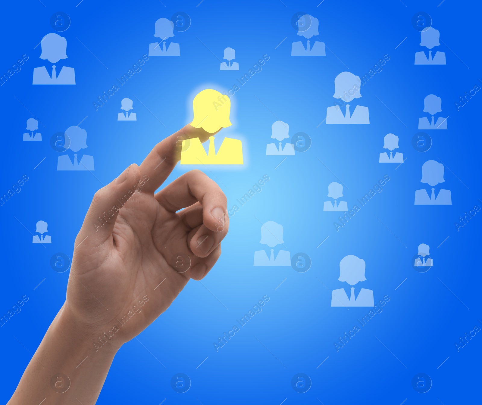 Image of Targeting, recruitment, customer acquisition. Man touching virtual screen with human icons against blue background, closeup