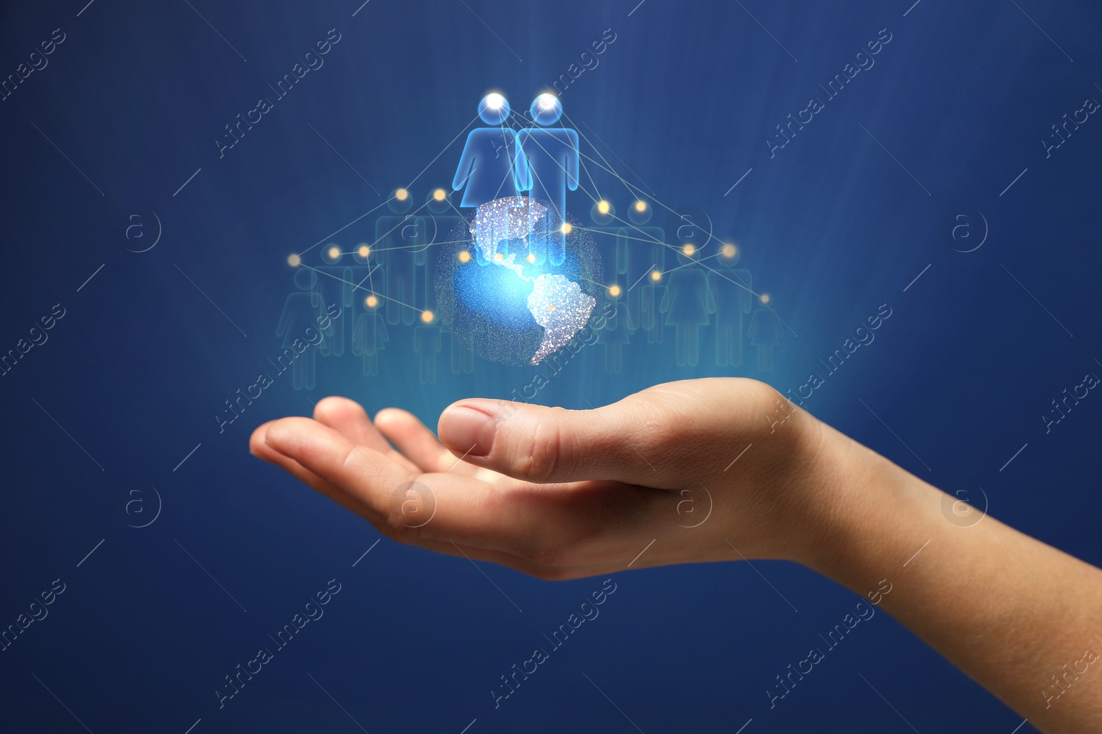 Image of Targeting, recruitment, human resources management. Woman holding virtual globe and scheme with human icons against blue background, closeup