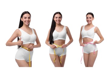 Image of Diet and weight loss. Beautiful woman with measuring tape showing her slim body on white background, collage