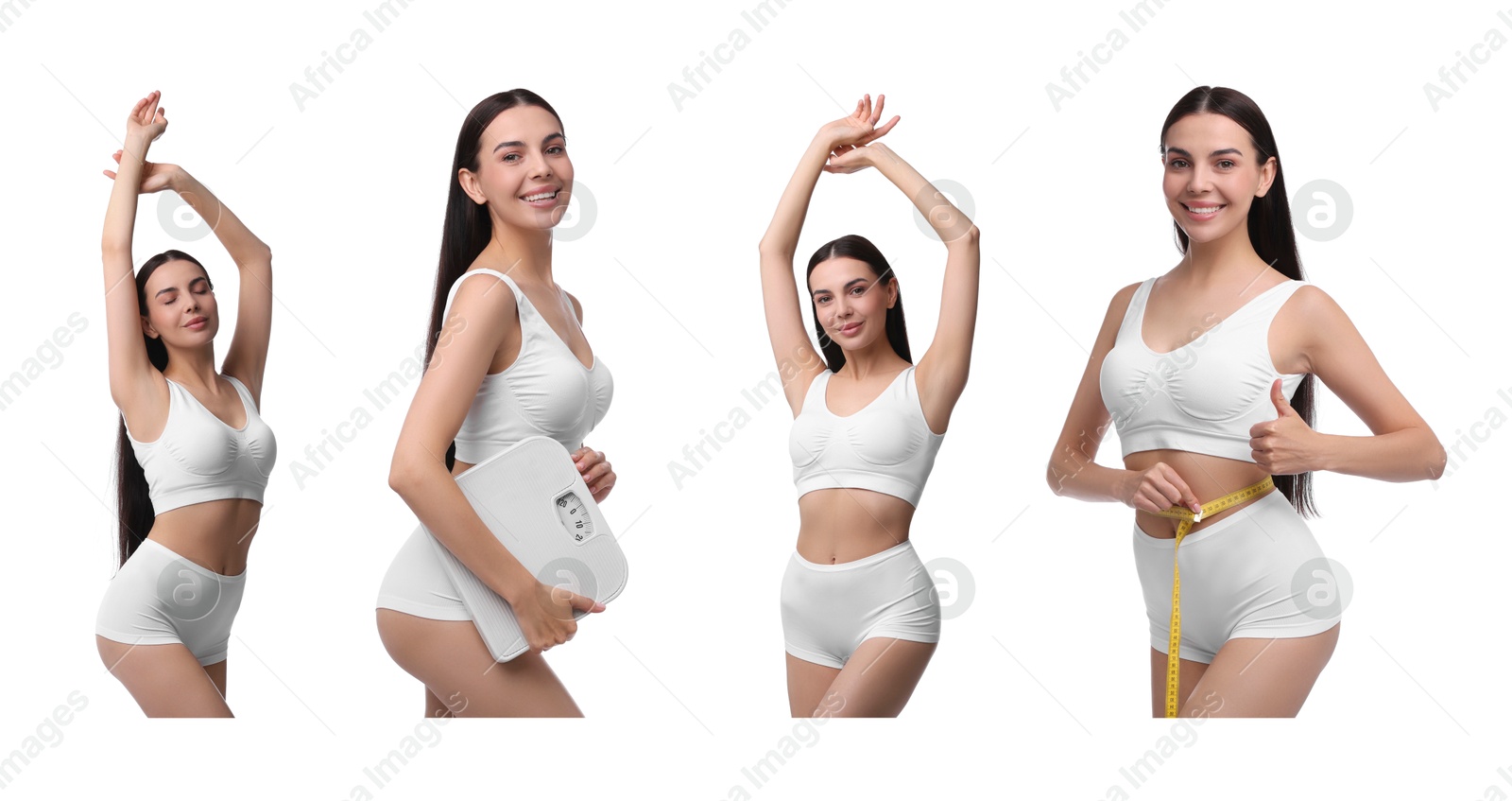 Image of Diet and weight loss. Happy woman showing her slim body on white background, collage