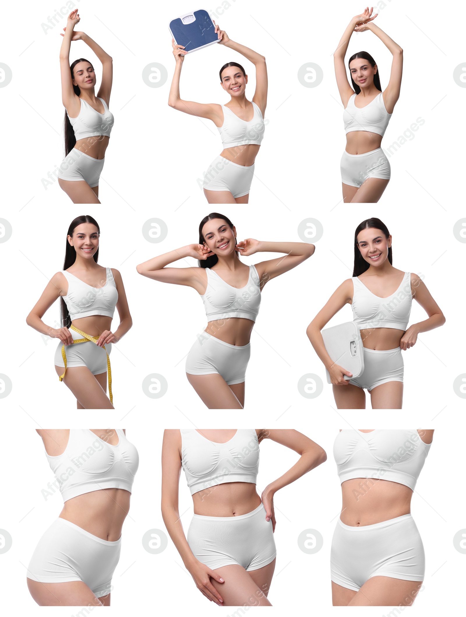 Image of Diet and weight loss. Happy woman showing her slim body on white background, collage