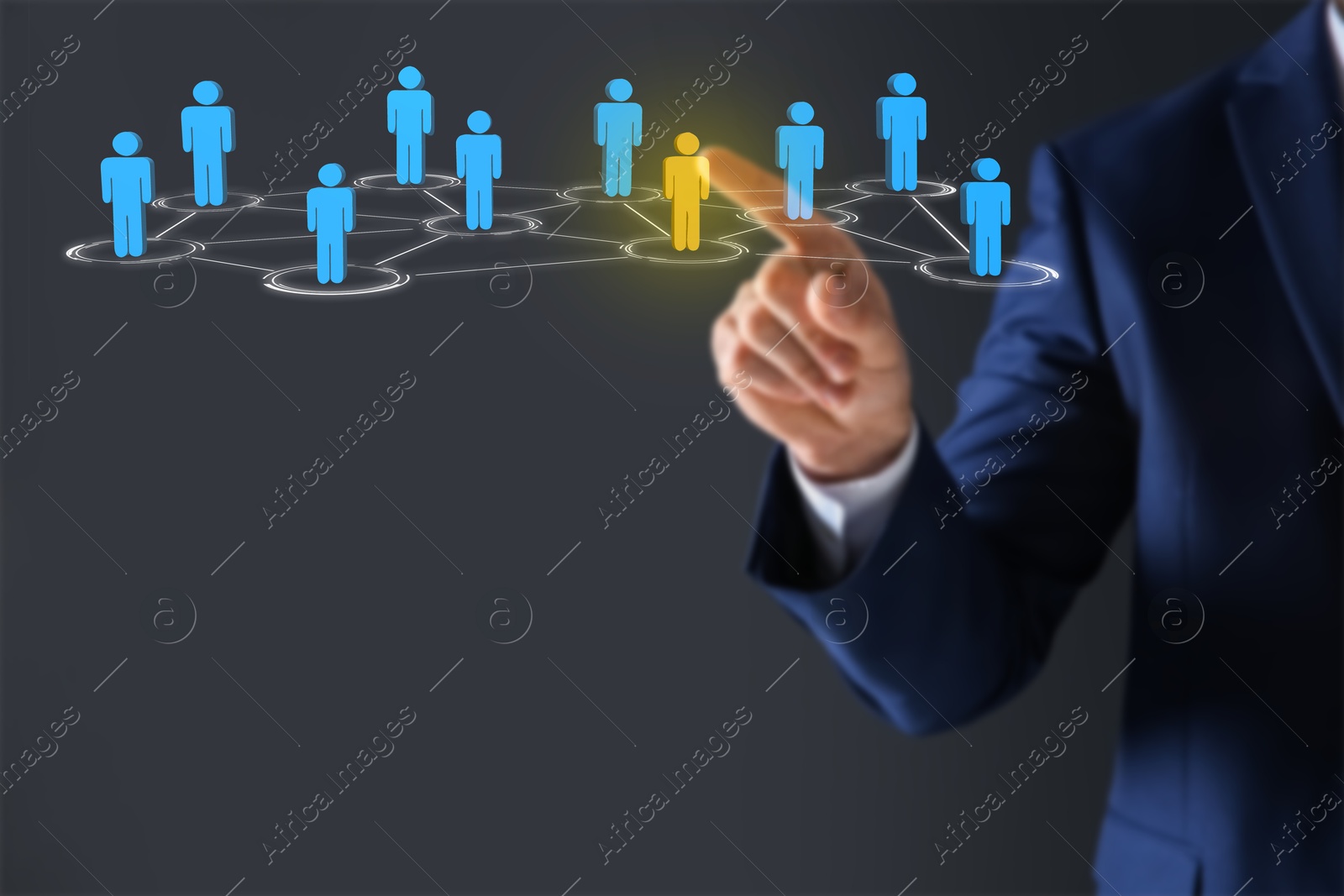 Image of Targeting, recruitment, customer acquisition. Businessman touching virtual screen with scheme of human icons against dark grey background, closeup