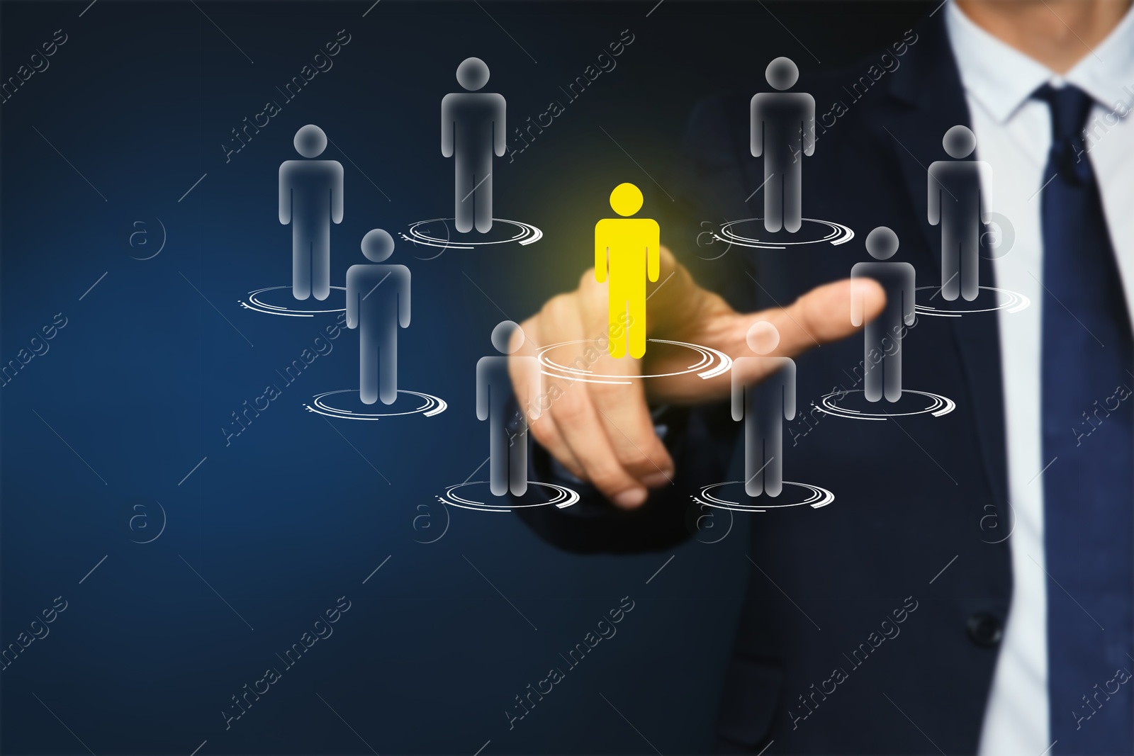 Image of Targeting, recruitment, customer acquisition. Businessman touching virtual screen with human icons against dark blue background, closeup