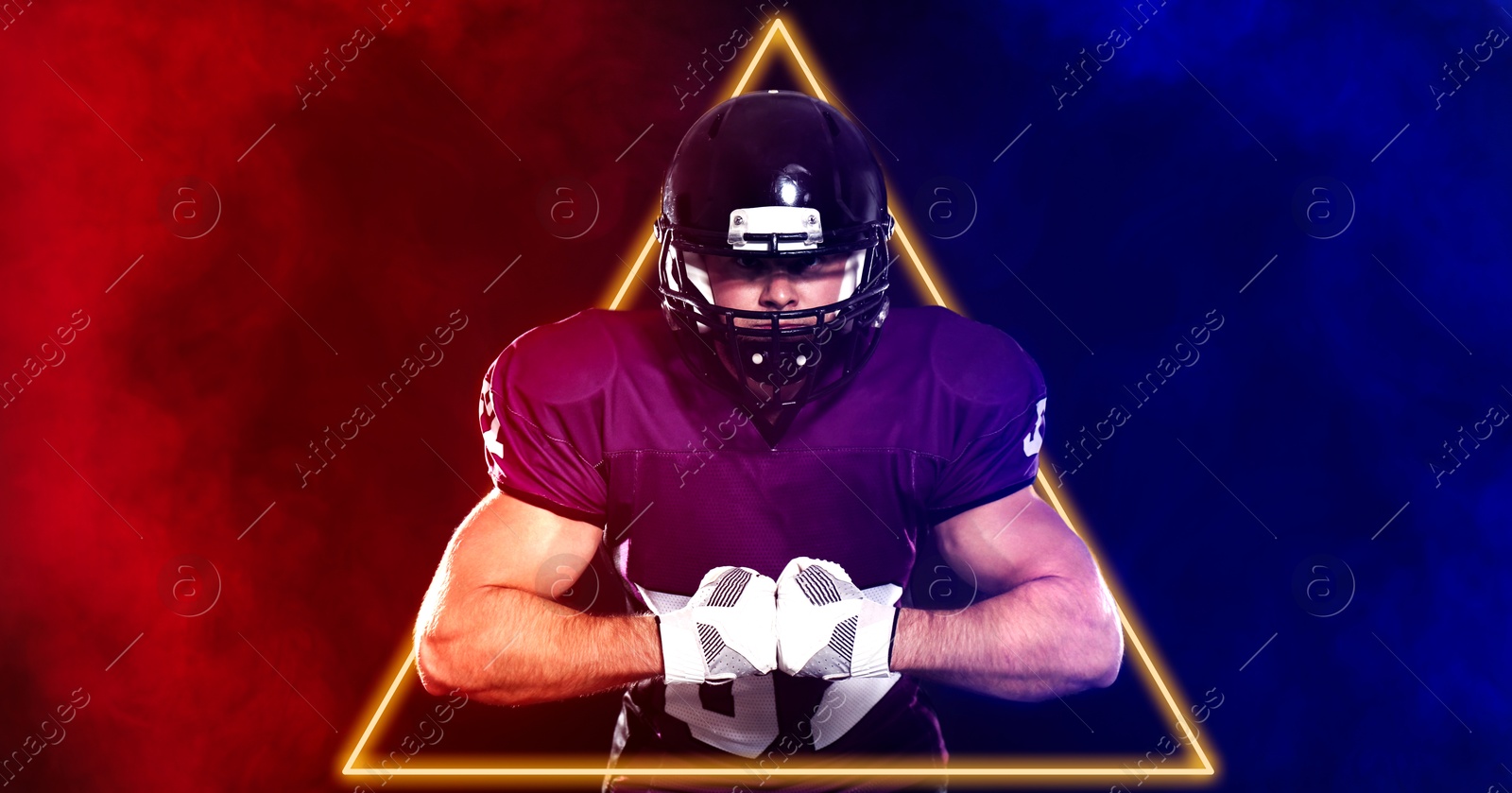 Image of American football player surrounded by smoke in neon lights, banner design. Stylish poster for sportive event