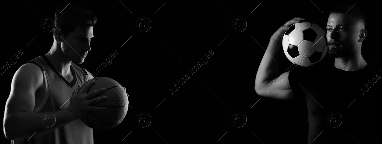 Image of Football and basketball players in black-and-white toning, banner design with space for text. Stylish poster for sportive event