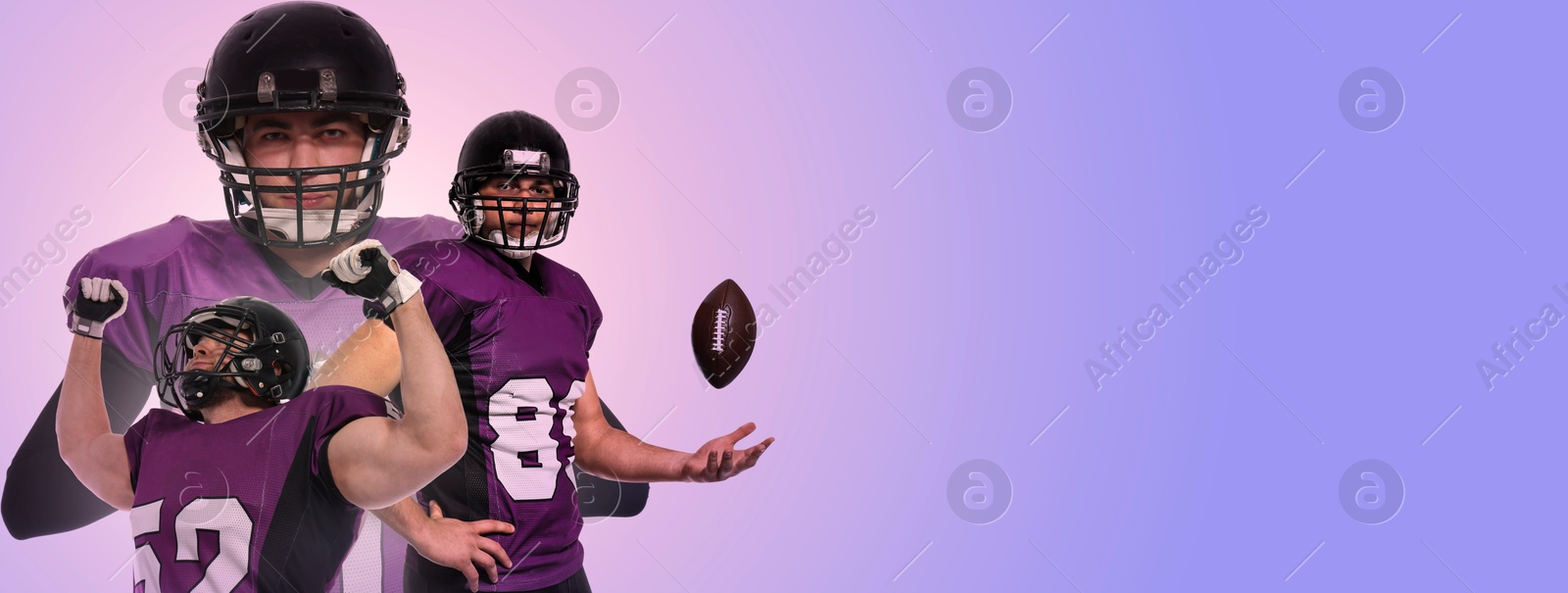 Image of American football players on color gradient background, banner design with space for text. Stylish poster for sportive event