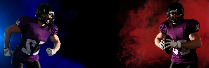 Image of American football players surrounded by smoke in neon lights on black background, banner design with space for text. Stylish poster for sportive event