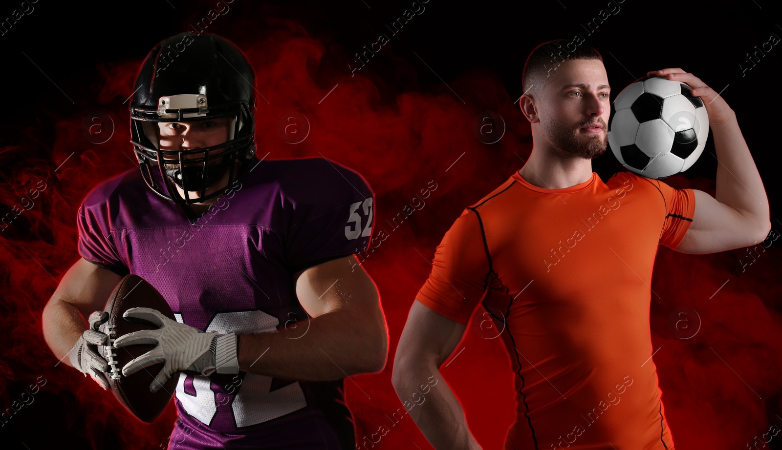 Image of American football and soccer players surrounded by smoke in red neon light on black background, banner design. Stylish poster for sportive event