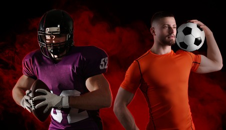 Image of American football and soccer players surrounded by smoke in red neon light on black background, banner design. Stylish poster for sportive event