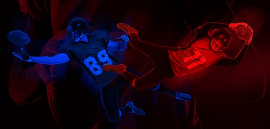 American football players on black background in neon lights, multiple exposure. Banner design. Stylish poster for sportive event