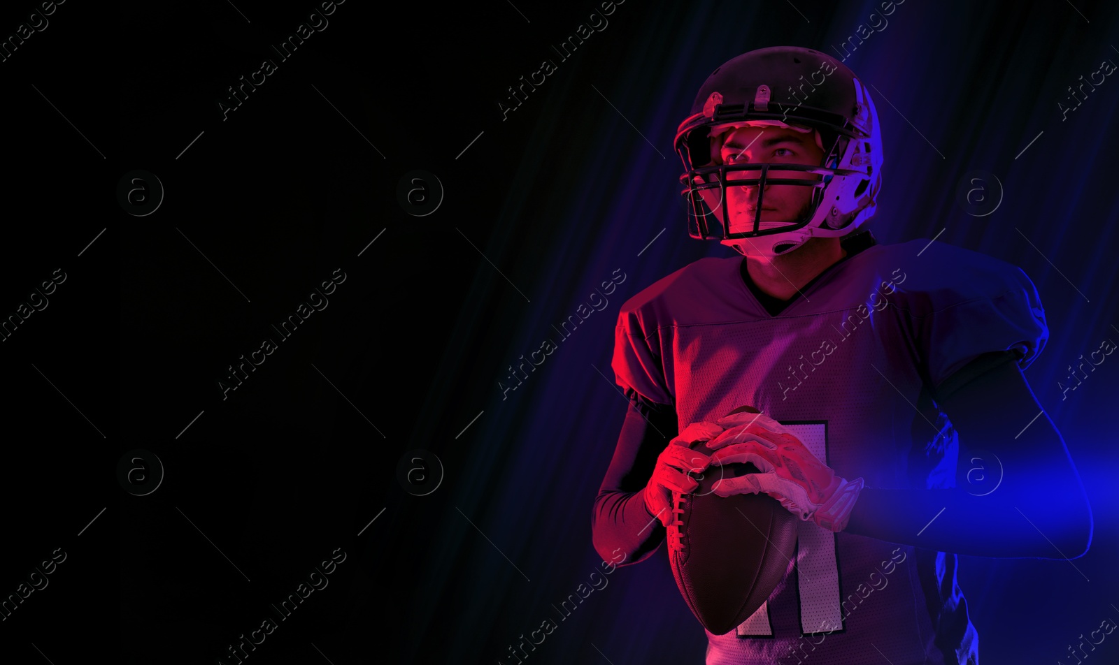 Image of American football player in neon lights on black background, banner design with space for text. Stylish poster for sportive event