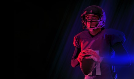 American football player in neon lights on black background, banner design with space for text. Stylish poster for sportive event