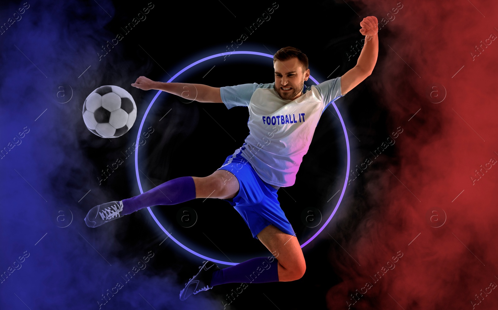 Image of Football player kicking ball in air surrounded by neon colors smoke on black background. Stylish poster for sportive event