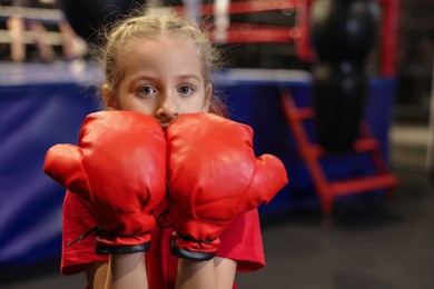 Boxing. Girl in protective gloves at training center. Space for text