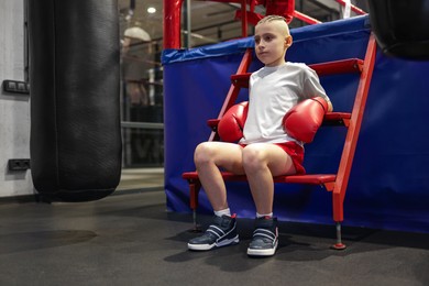 Photo of Boy in protective gloves sitting near boxing ring