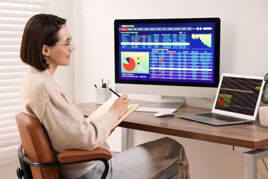 Photo of Stock exchange. Woman taking notes while analysing financial market on laptop at wooden table indoors