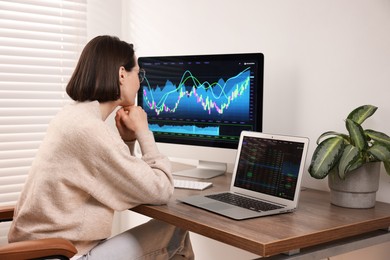 Photo of Stock exchange. Woman analysing financial market on computer at wooden table indoors