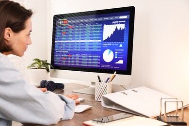 Photo of Stock exchange. Woman analysing financial market on computer at wooden table indoors