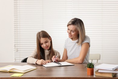 Smiling mother helping her daughter with homework at table indoors