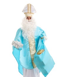 Photo of Saint Nicholas with bag of Christmas gifts on white background