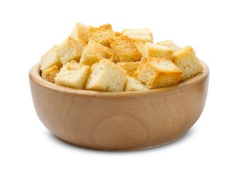 Photo of Delicious crispy croutons in bowl isolated on white