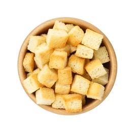 Photo of Delicious crispy croutons in bowl isolated on white, top view