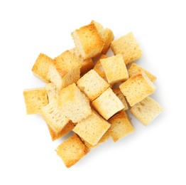 Photo of Many delicious crispy croutons isolated on white, top view