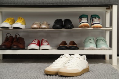Photo of Shoe storage bench with different footwear indoors
