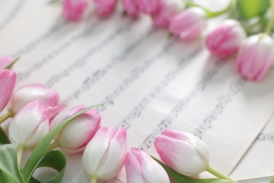 Photo of Beautiful tulips on sheets with music notes, closeup