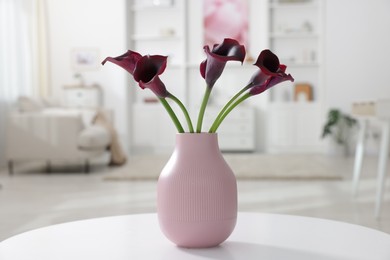 Photo of Bouquet of beautiful calla lily flowers in vase on table indoors