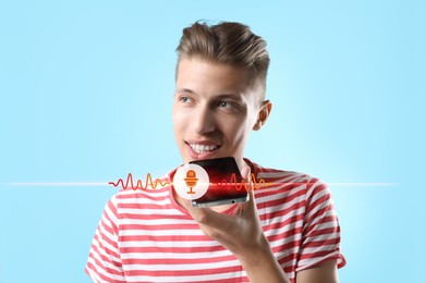 Young man recording voice message via smartphone on light blue background. Illustration of microphone and sound waves