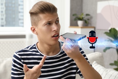 Young man recording voice message via smartphone at home. Illustration of microphone and sound waves