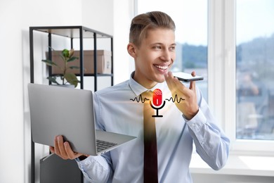 Young man recording voice message via smartphone in office. Illustration of microphone and sound waves