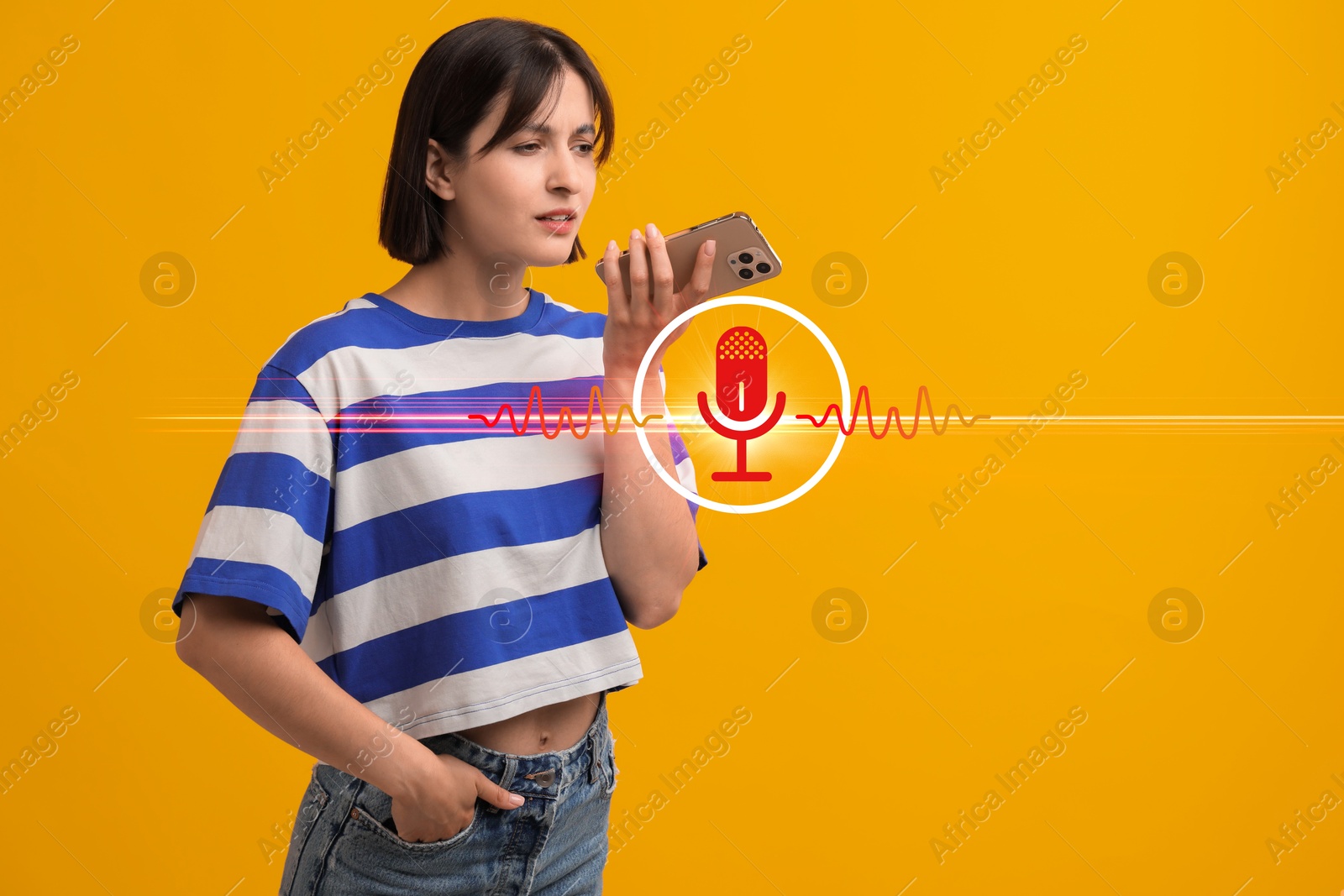 Image of Young woman recording voice message via smartphone on orange background. Illustration of microphone and sound waves