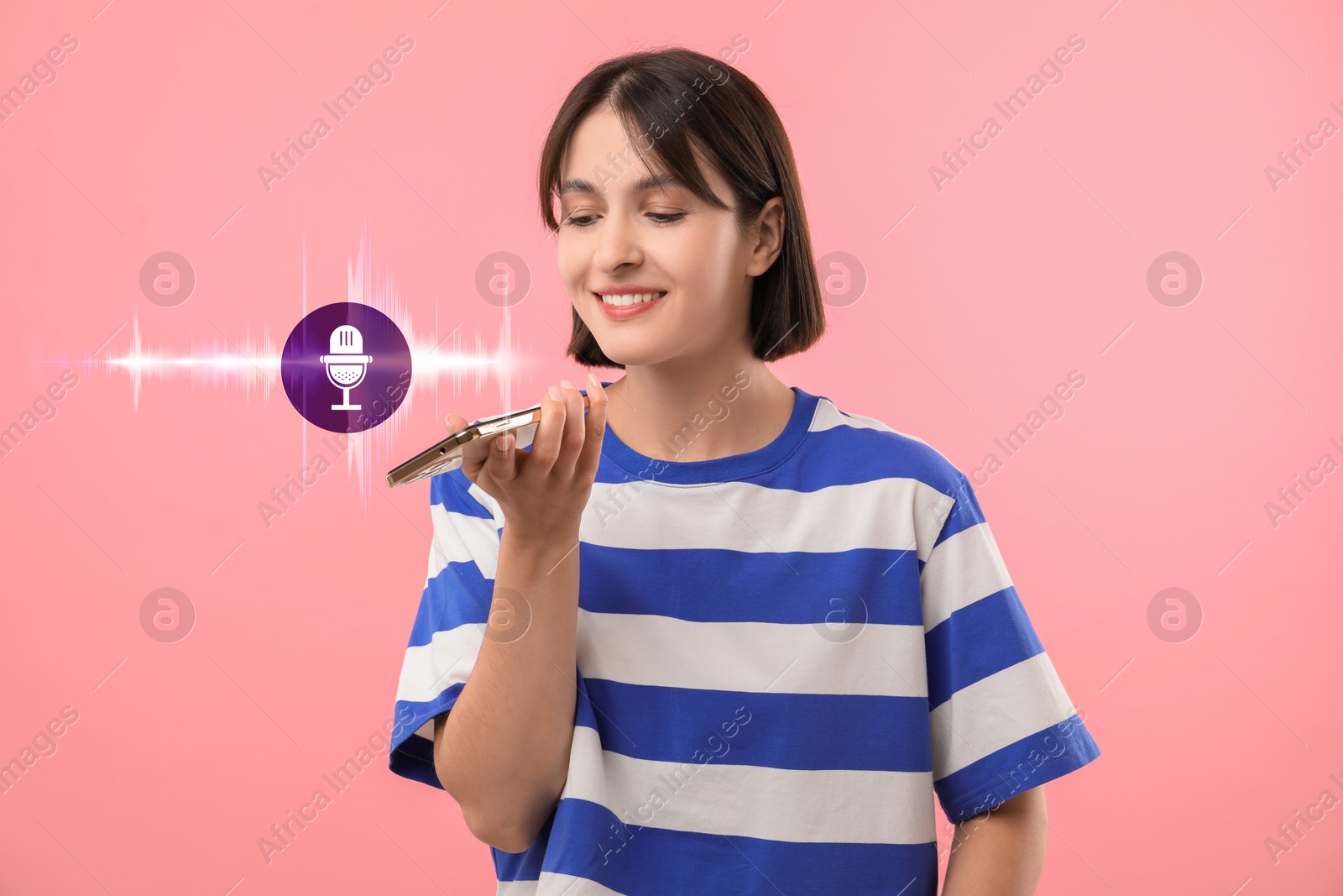 Image of Young woman recording voice message via smartphone on pink background. Illustration of microphone and sound waves