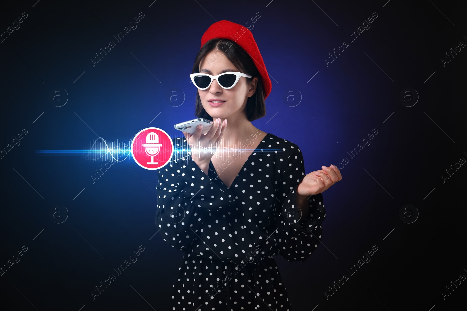 Image of Young woman recording voice message via smartphone on black background. Illustration of microphone and sound waves