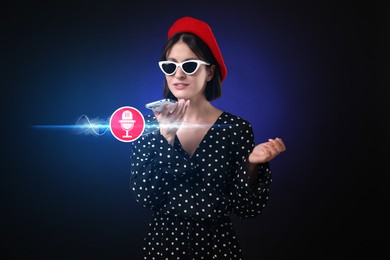 Young woman recording voice message via smartphone on black background. Illustration of microphone and sound waves