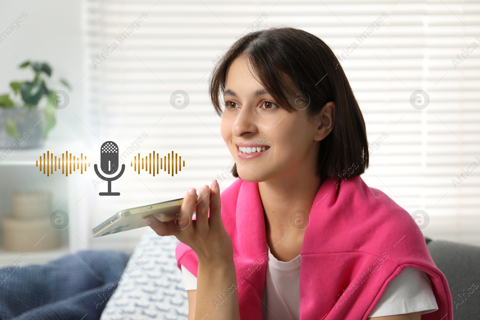 Image of Young woman recording voice message via smartphone at home. Illustration of microphone and sound waves