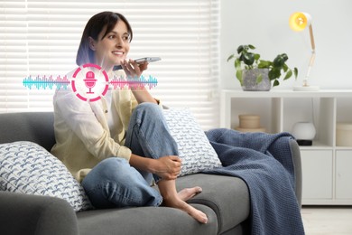 Image of Young woman recording voice message via smartphone at home. Illustration of microphone and sound waves